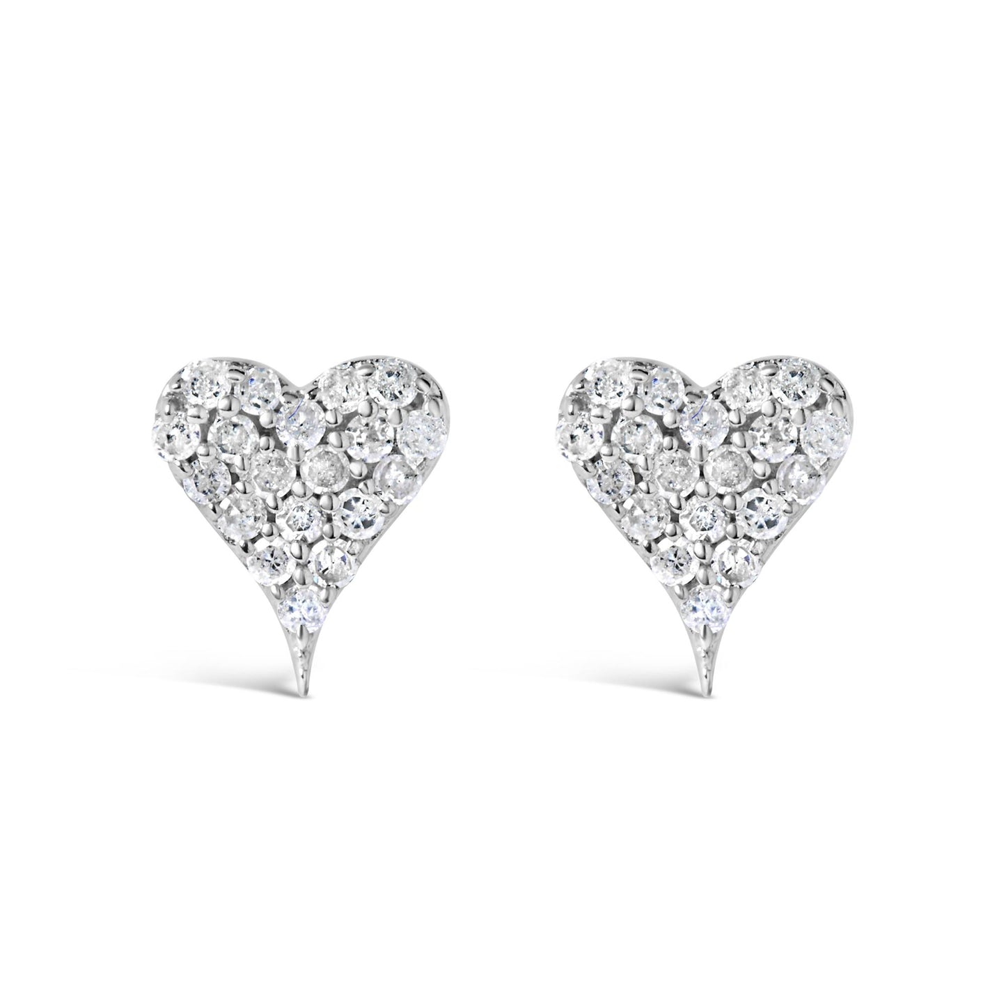 Front view of a pair of white metal heart-shaped stud earrings with multiple round white gemstones in prong settings.
