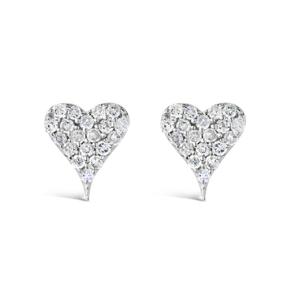 Front view of a pair of white metal heart-shaped stud earrings with multiple round white gemstones in prong settings.