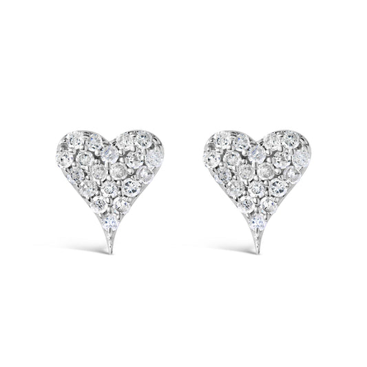 Front view of a pair of white metal heart-shaped stud earrings with multiple round white gemstones in prong settings.