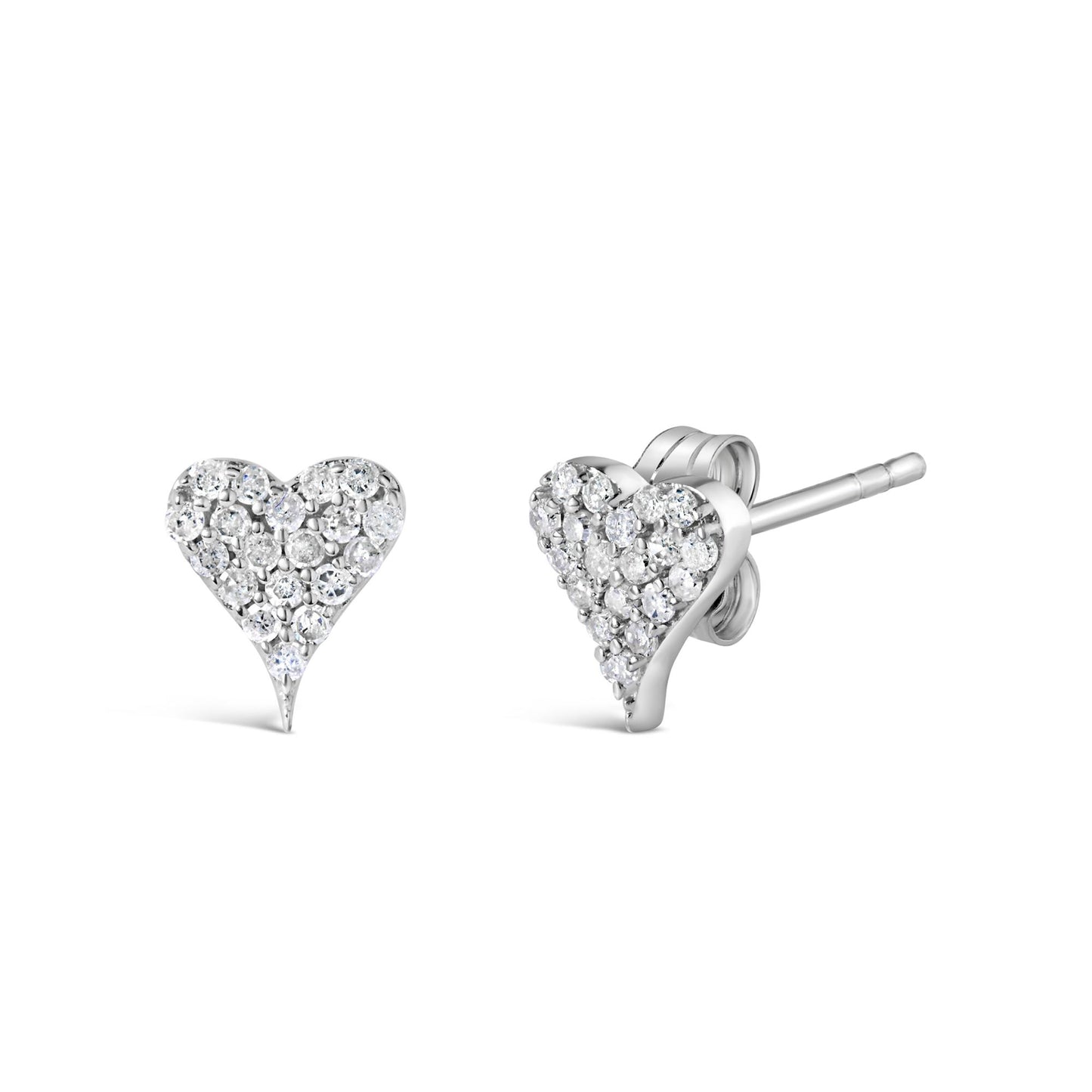 Front and side angled view of white heart-shaped earrings set with multiple round white gemstones.