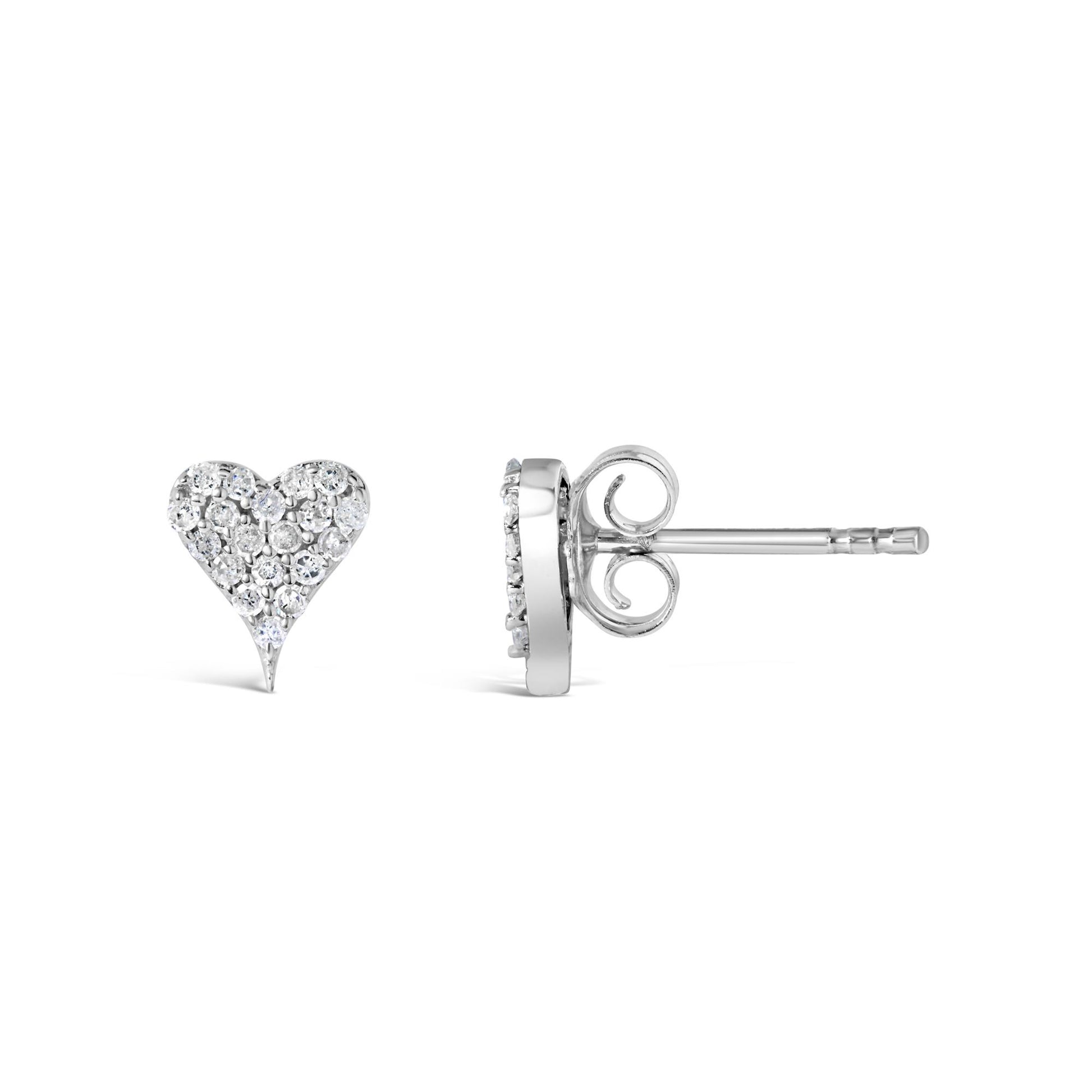 Heart-shaped white metal stud earrings with round white gemstones in prong settings, shown from front and side angles on a white background.