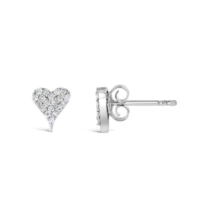 Heart-shaped white metal stud earrings with round white gemstones in prong settings, shown from front and side angles on a white background.