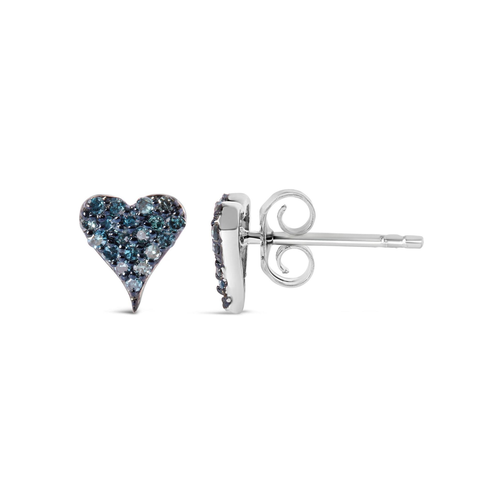 White metal heart-shaped stud earrings with blue round prong-set gemstones, shown from front and side angles on a white background.