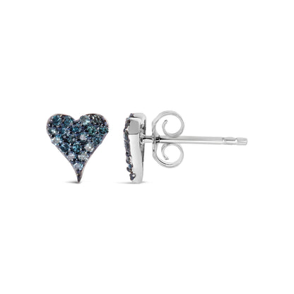 White metal heart-shaped stud earrings with blue round prong-set gemstones, shown from front and side angles on a white background.