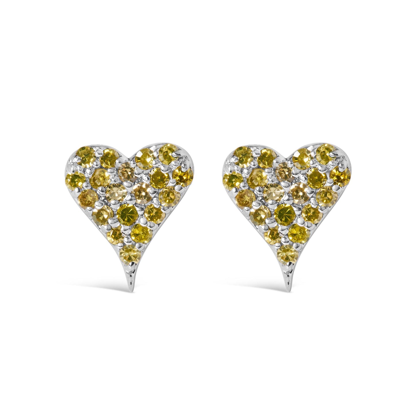 Front-facing view of white metal heart-shaped earrings decorated with multiple round yellow gemstones in prong settings.
