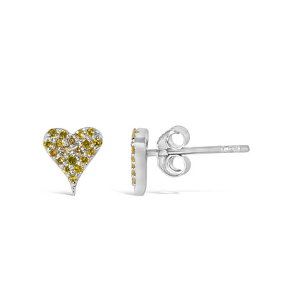 Front and side view of white metal heart-shaped stud earrings with yellow round gemstones in prong setting.