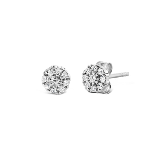Pair of white metal stud earrings with round white gemstones in prong settings, one shown from front and one angled to the side on a white background.