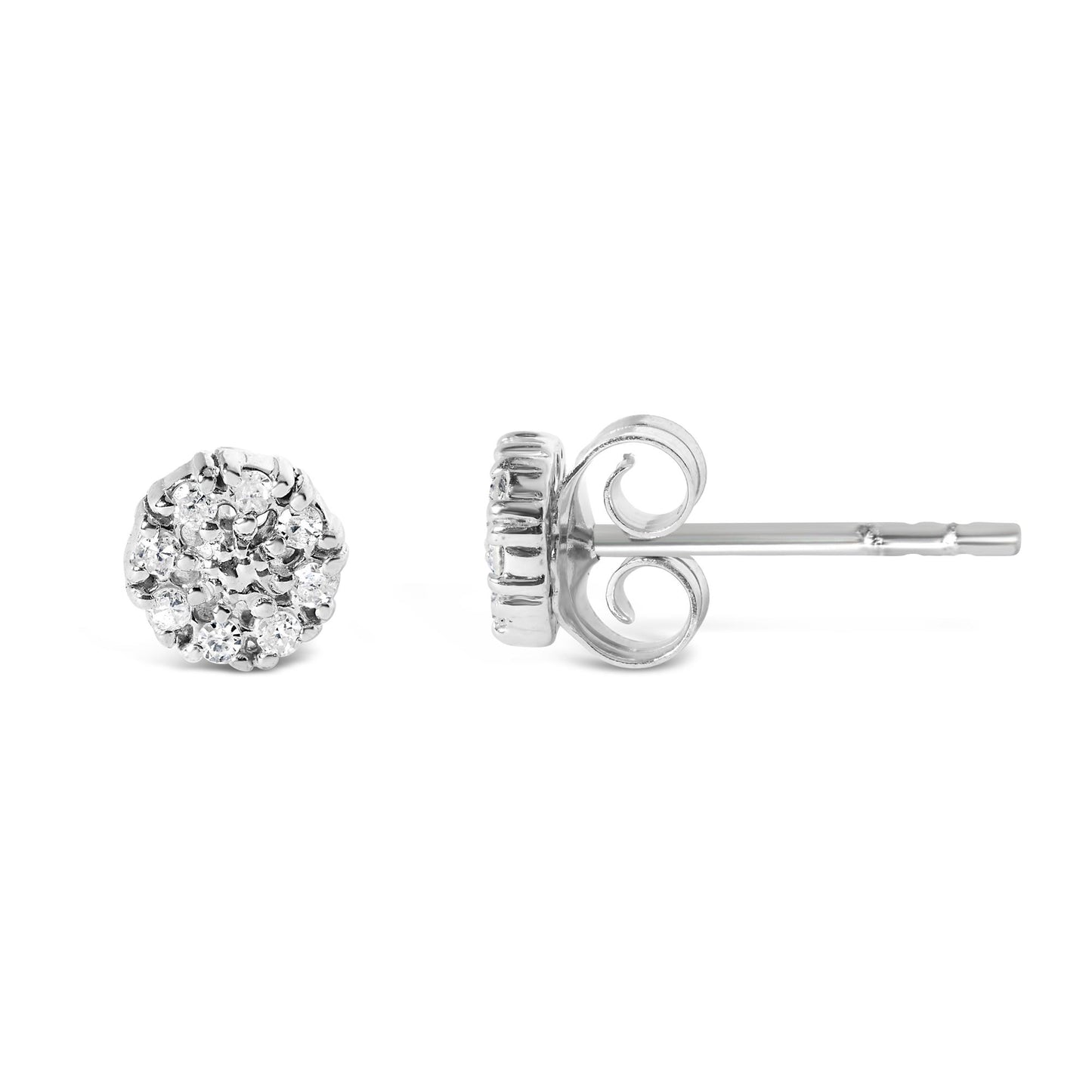 White metal round cluster stud earrings with multiple small white gemstones in prong settings, shown from front and side angles on a white background.