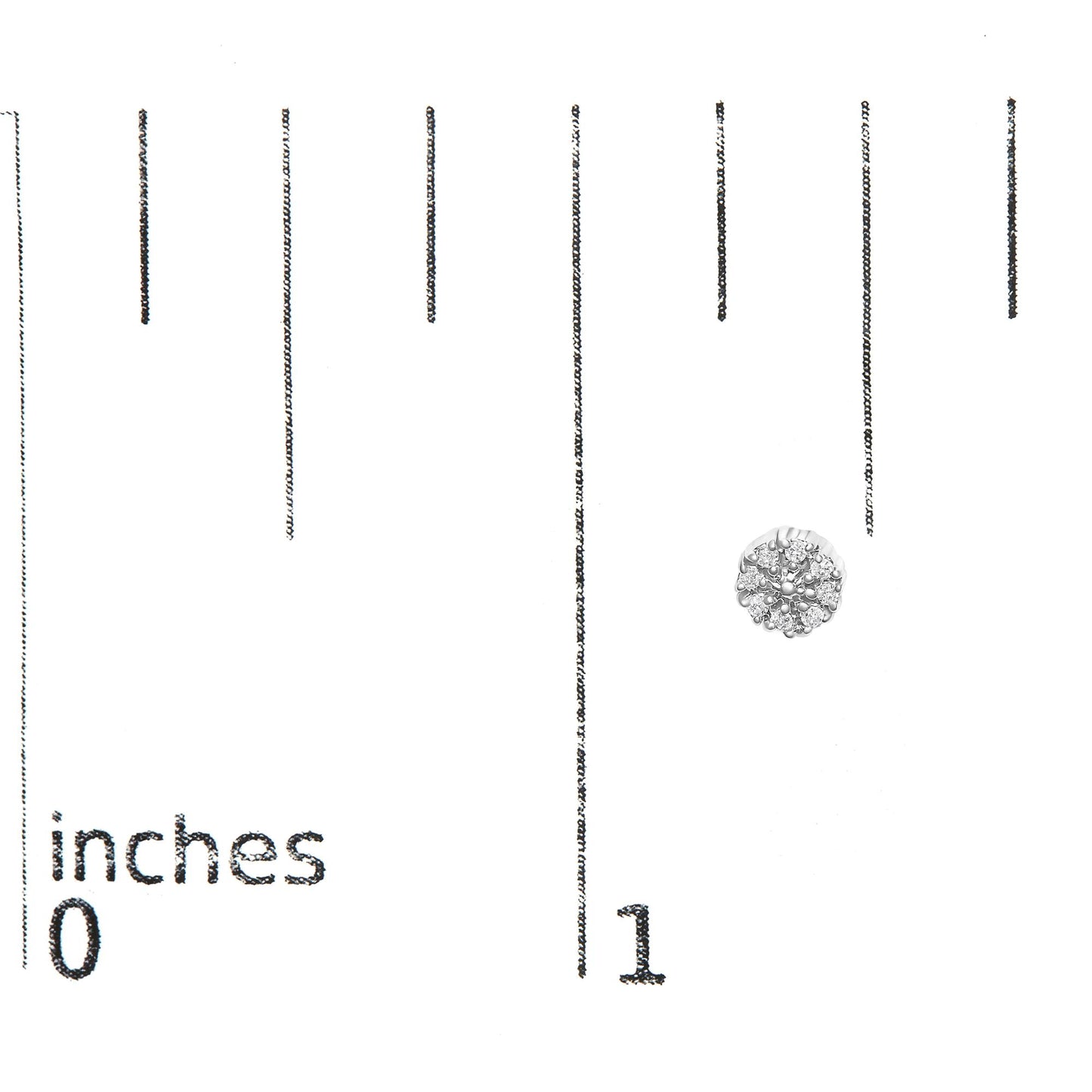 White metal round cluster earrings with prong-set white gemstones, shown on a ruler for size reference, top-down angle.