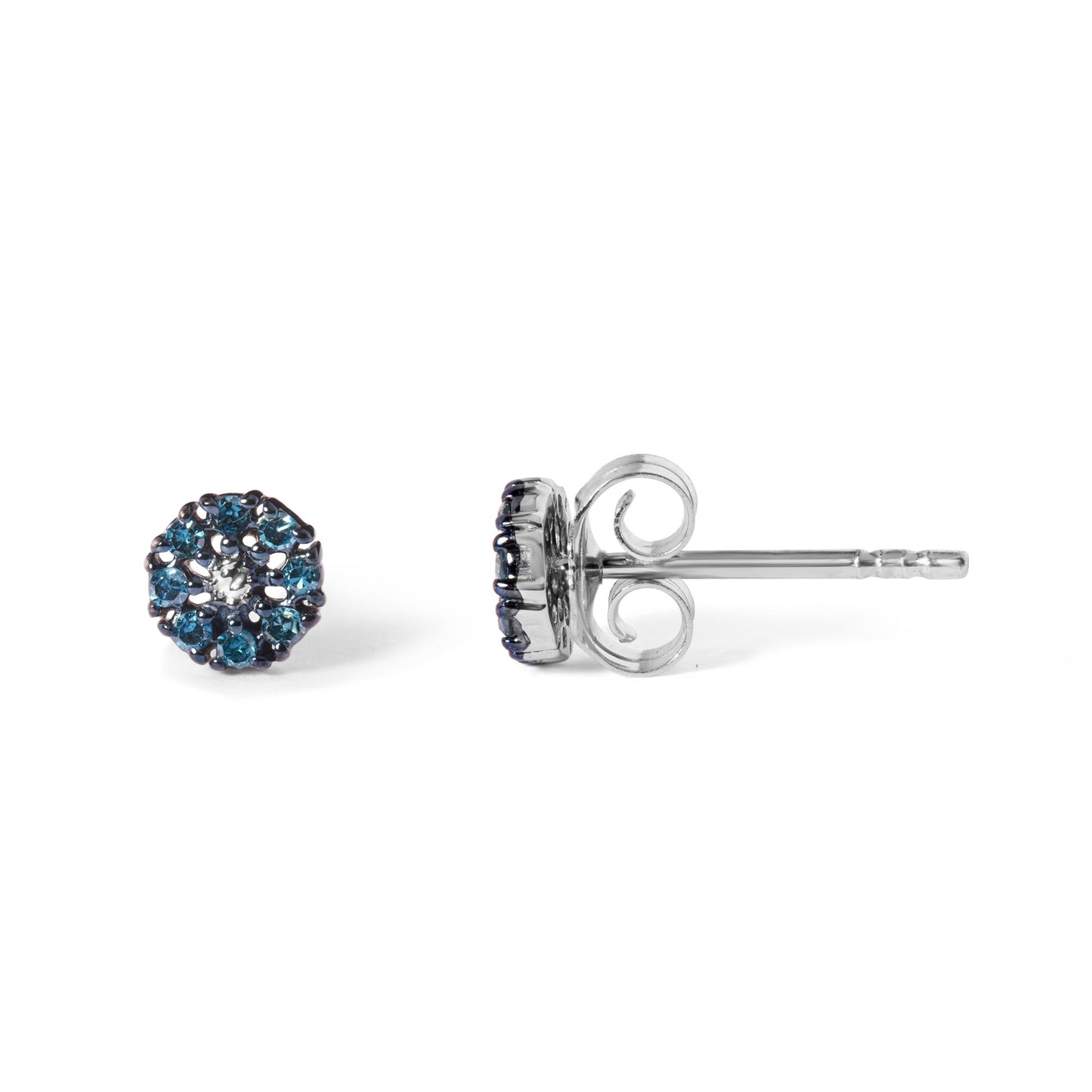 Pair of white metal stud earrings with round blue gemstones in prong settings, shown from front and side angles on a white background.