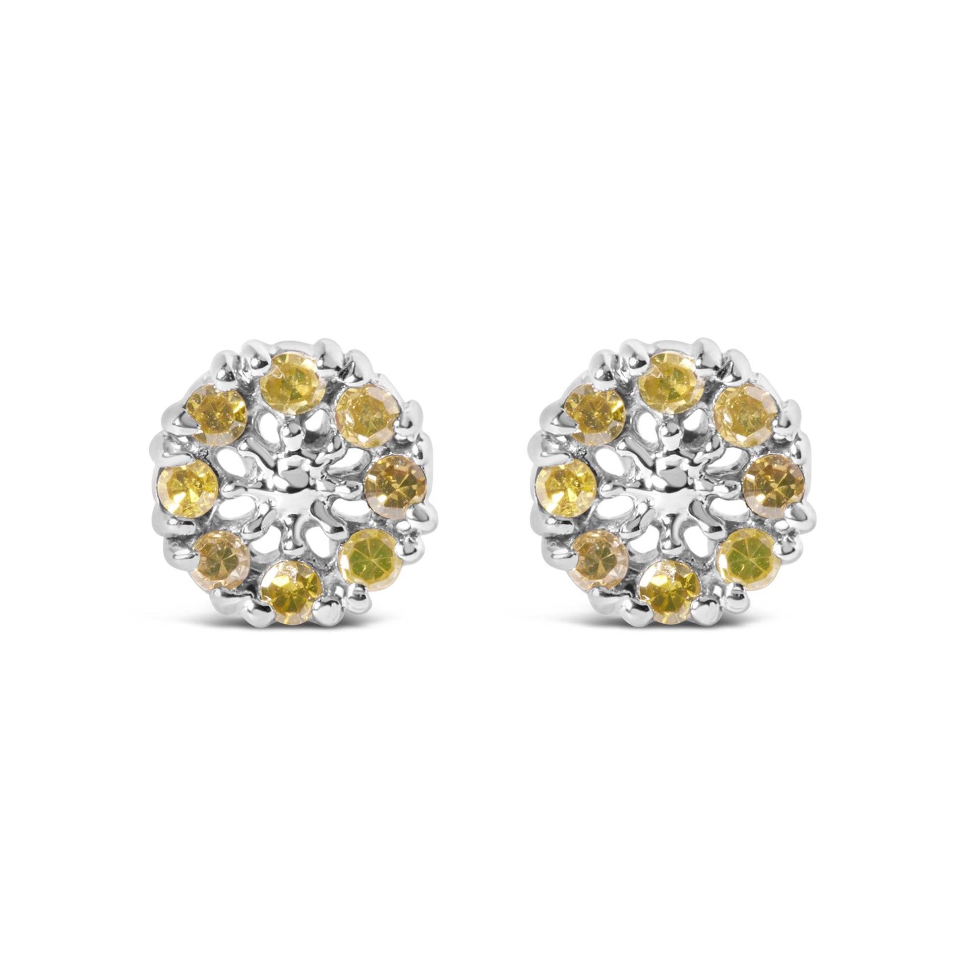 Front angle view of white metal round earrings with yellow round gemstones in prong settings arranged in a circular pattern.