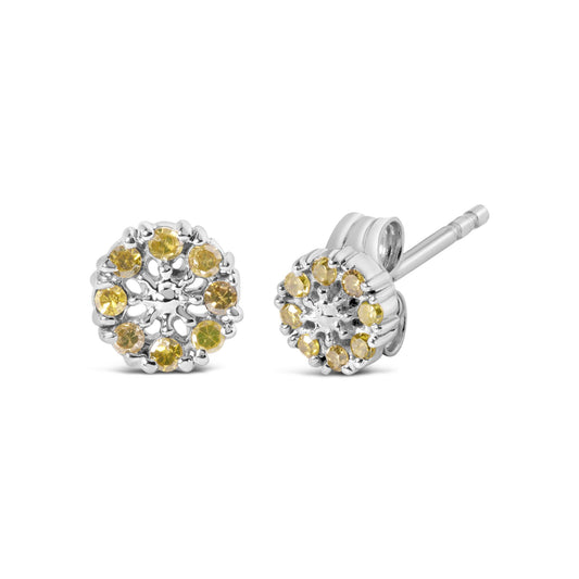 Pair of white metal stud earrings with round yellow gemstones in prong settings, shown from front and side angles.