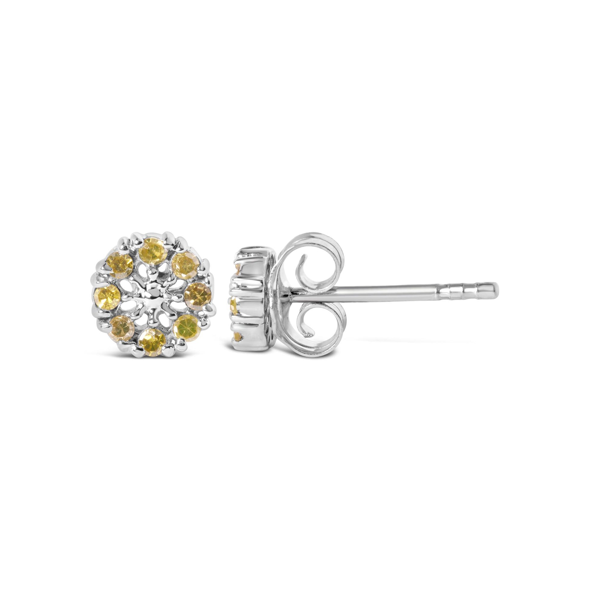 Pair of white metal stud earrings with round yellow gemstones in prong settings, shown from front and side angles.