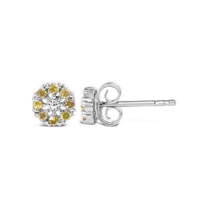 Pair of white metal stud earrings with round yellow gemstones in prong settings, shown from front and side angles.
