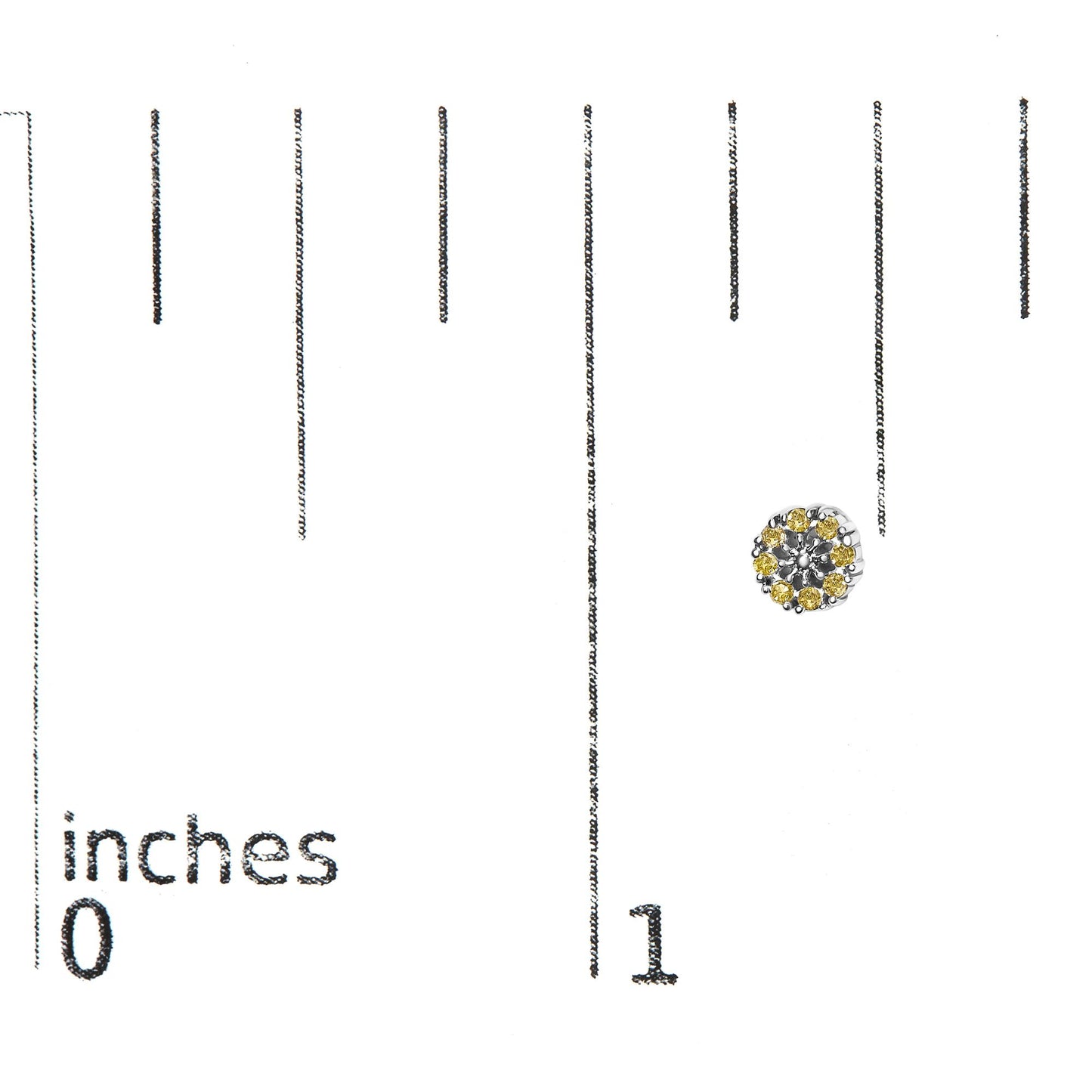 White metal round stud earring with prong-set yellow gemstones arranged in a cluster, shown on a ruler for size reference, top-down angle.