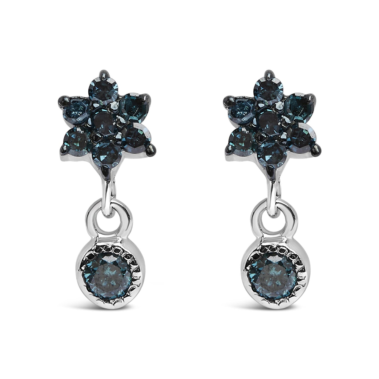 Front view of white metal earrings with blue round gemstones in prong settings forming a cluster and a single dangling blue gemstone.