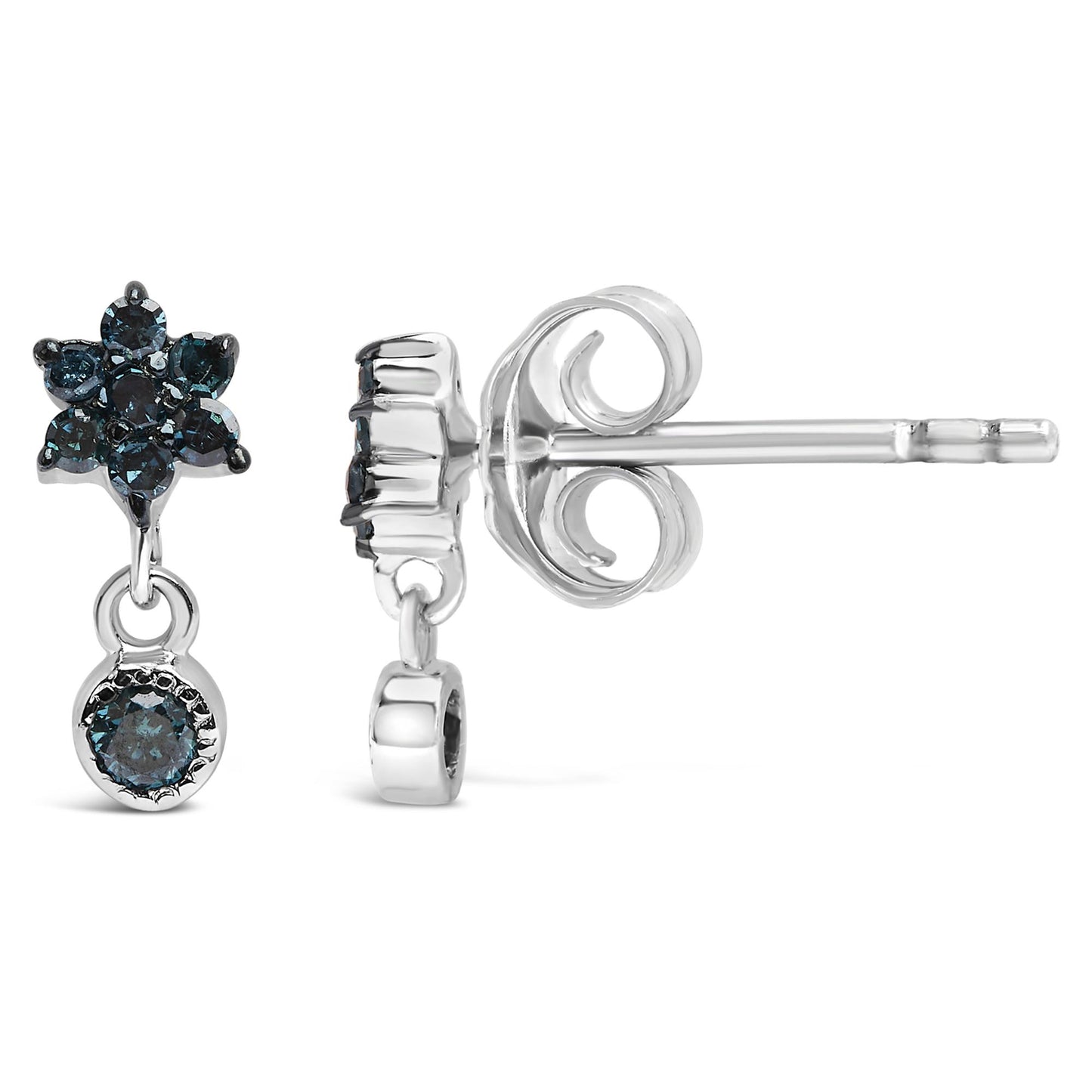 Front and side view of white metal stud earrings with prong-set round blue gemstones arranged in a flower shape with a single dangling round blue gemstone, photographed on a white background.