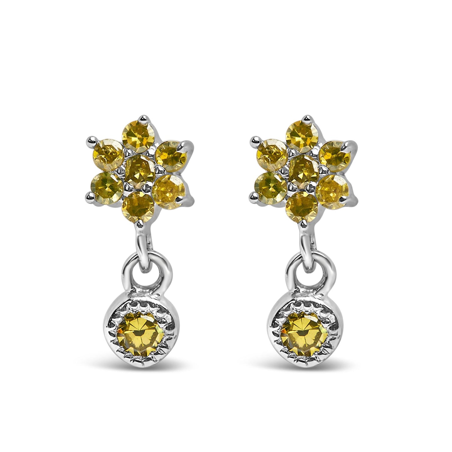 Front view of white metal earrings with cluster of yellow round gemstones at the top and a single yellow round gemstone dangle below.