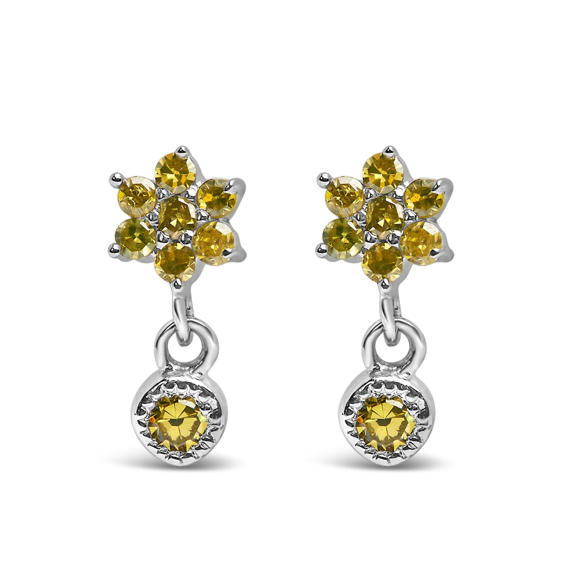 Front view of white metal earrings with cluster of yellow round gemstones at the top and a single yellow round gemstone dangle below.