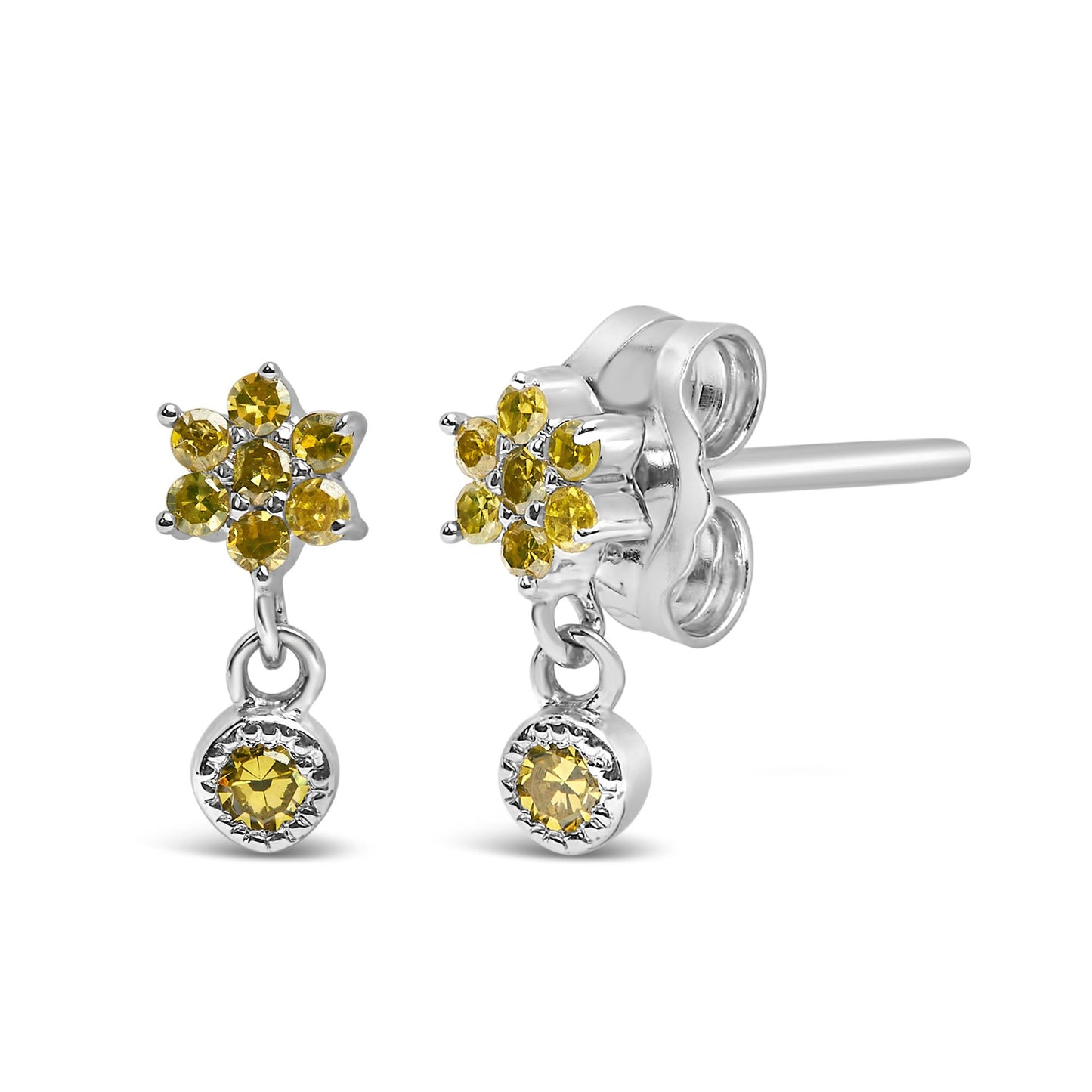 Close-up front and side view of white metal stud earrings with cluster of small round yellow gemstones and a single dangling round yellow gemstone.