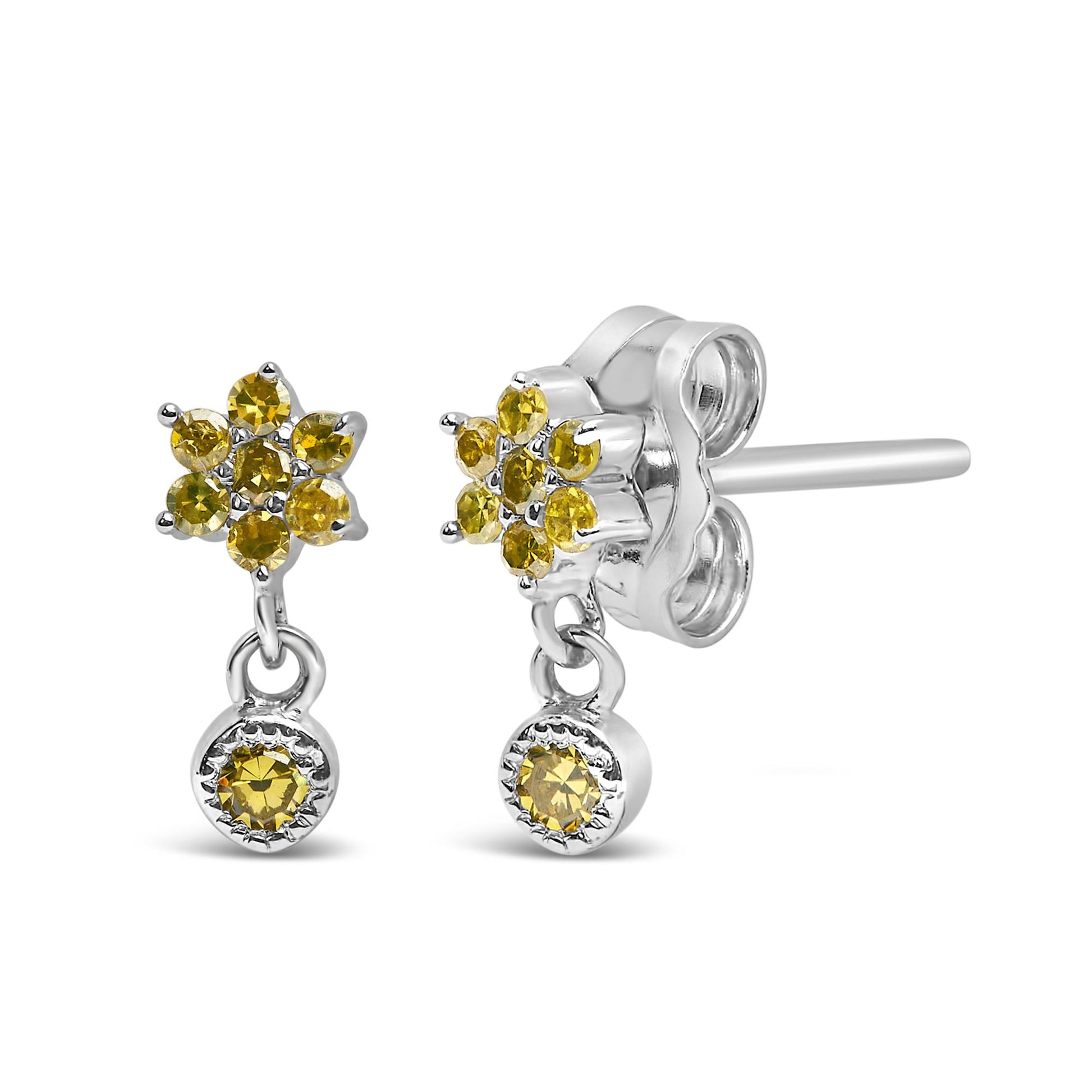 Close-up front and side view of white metal stud earrings with cluster of small round yellow gemstones and a single dangling round yellow gemstone.