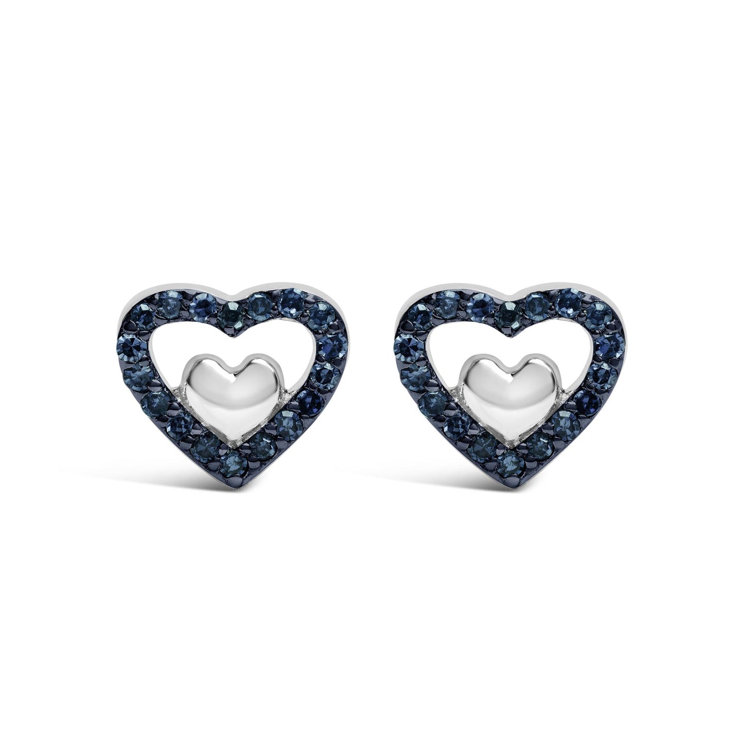 Front view of a pair of white metal heart-shaped earrings featuring an outline of blue round gemstones in prong settings.