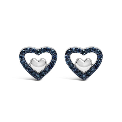 Front view of a pair of white metal heart-shaped earrings featuring an outline of blue round gemstones in prong settings.