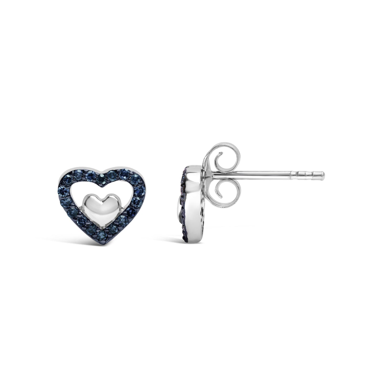 White metal heart-shaped stud earrings with prong-set round blue gemstones outlining the outer heart, shown from front and side angles.