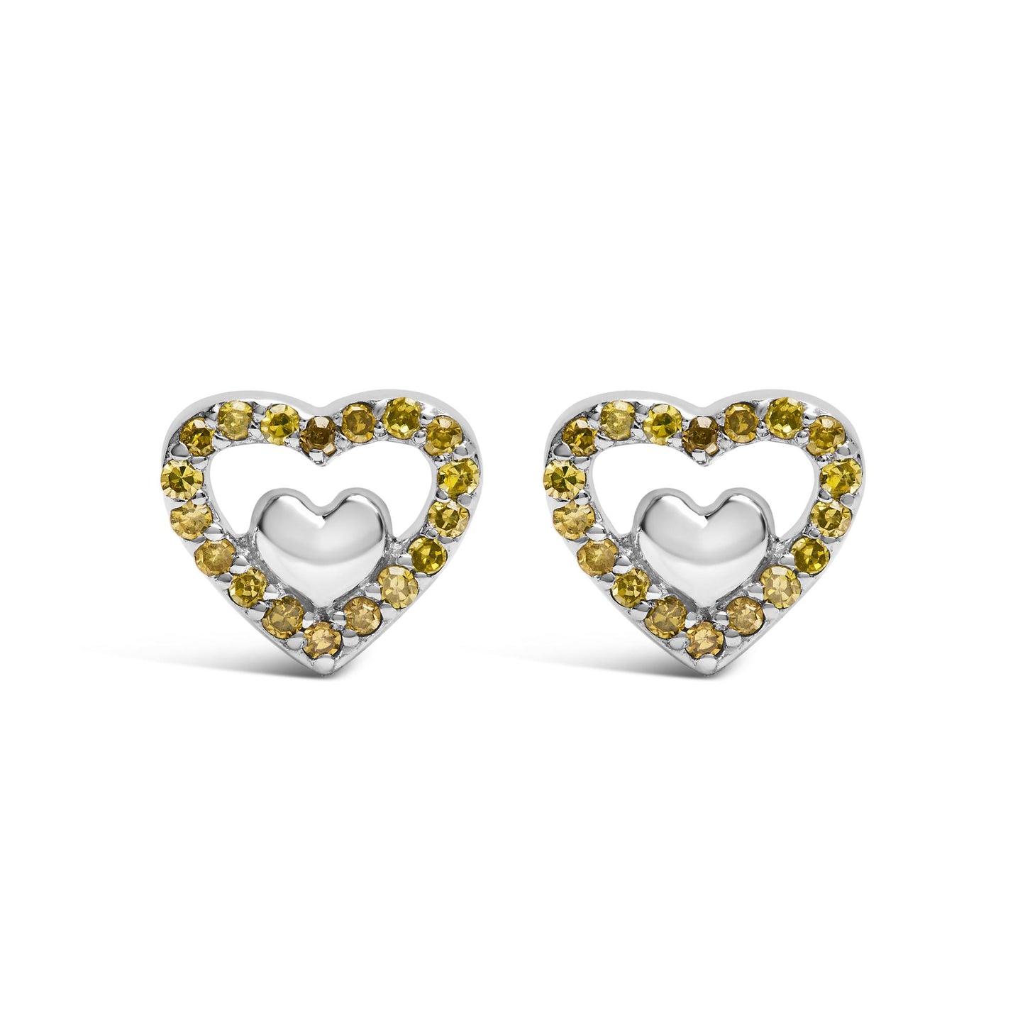 Front view of white metal heart-shaped earrings with an open heart design surrounded by round yellow gemstones in prong settings.