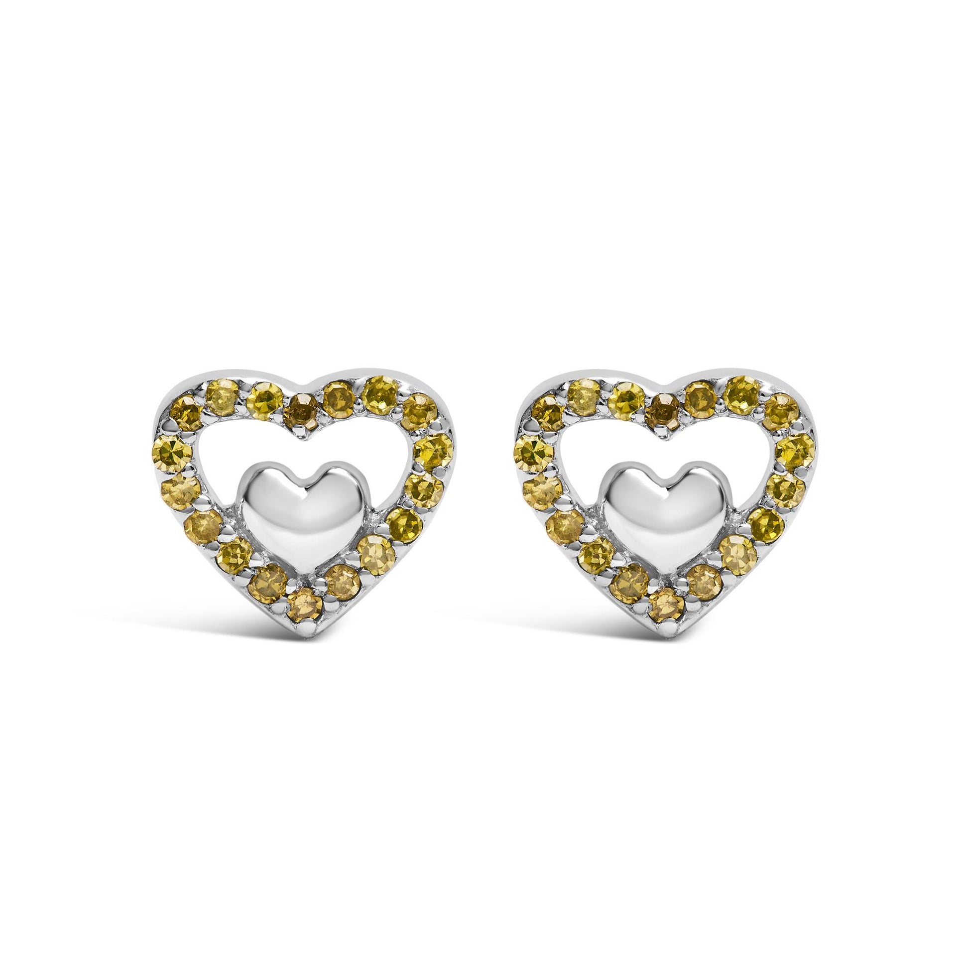 Front view of white metal heart-shaped earrings with an open heart design surrounded by round yellow gemstones in prong settings.