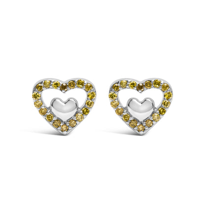 Front view of white metal heart-shaped earrings with an open heart design surrounded by round yellow gemstones in prong settings.