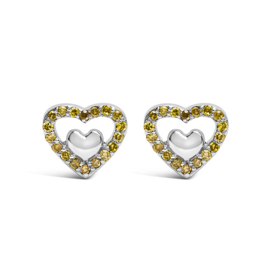 Front view of white metal heart-shaped earrings with an open heart design surrounded by round yellow gemstones in prong settings.