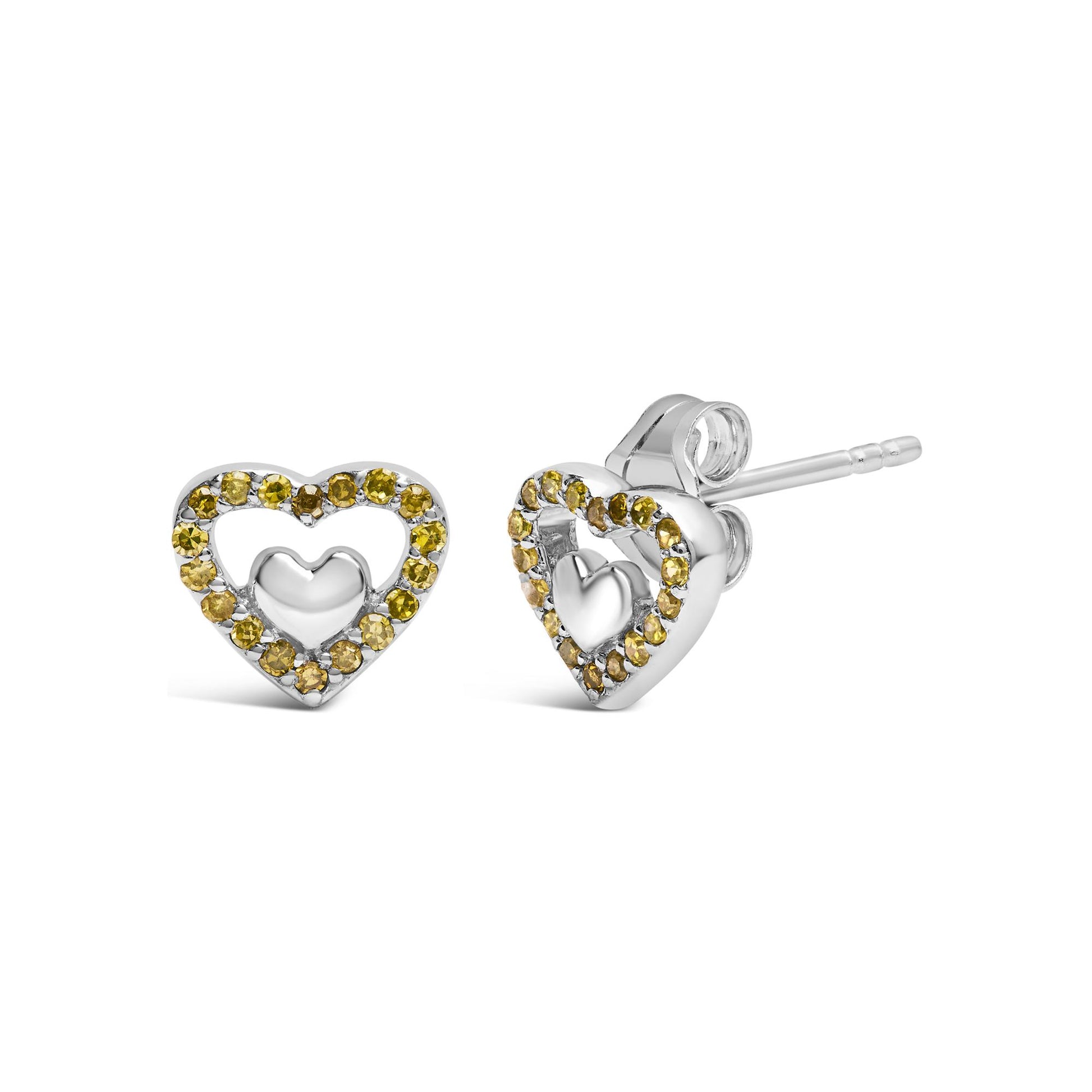 Pair of white metal heart-shaped stud earrings with round yellow gemstones set in prongs around the outer edge, shown from front and side angles on a white background.