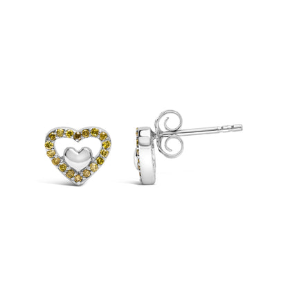 Front and side view of white metal heart-shaped stud earrings with prong-set yellow round gemstones along the border, shown on a white background.
