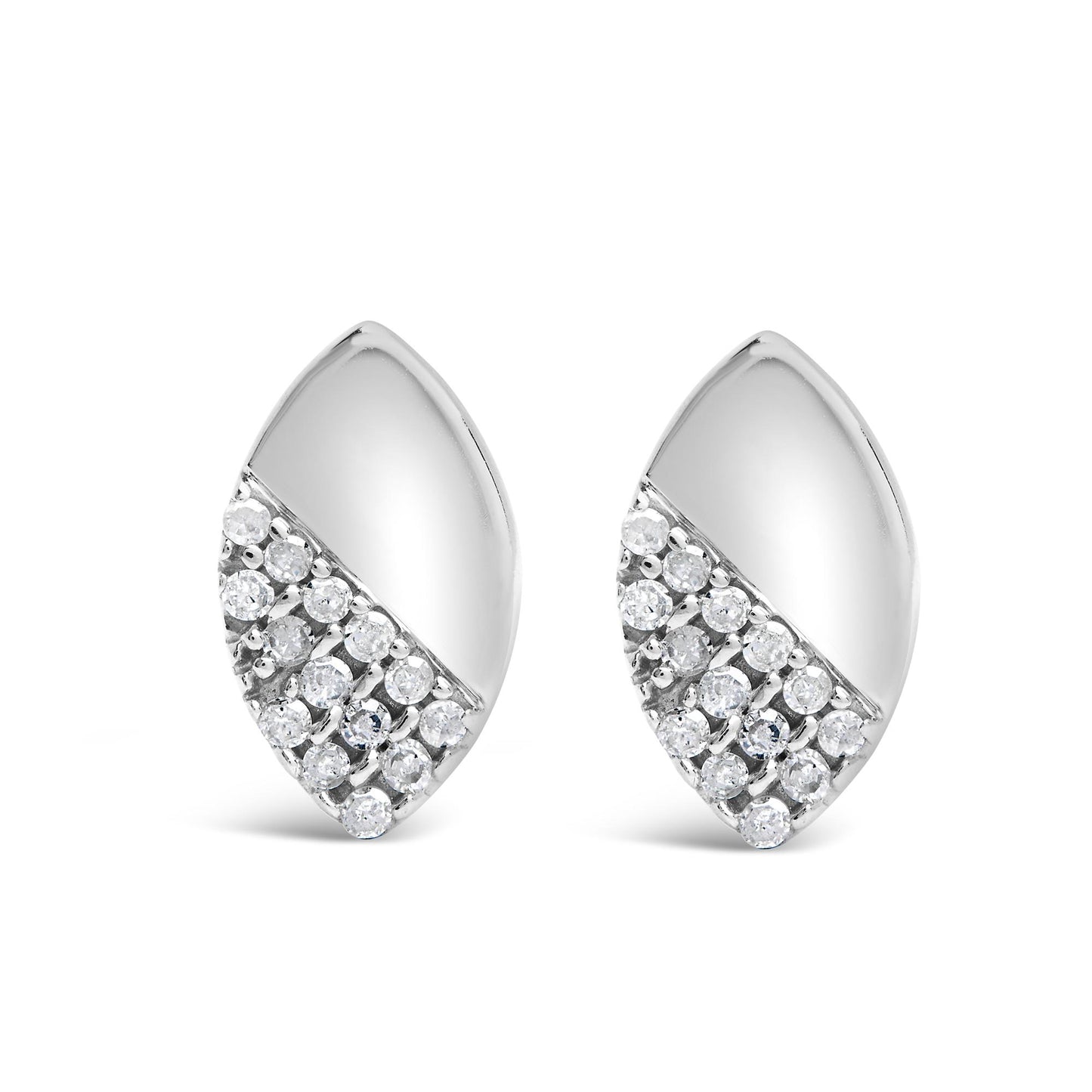 Pair of white metal marquise-shaped earrings with one half smooth and the other half set with round white gemstones, front-facing angle.