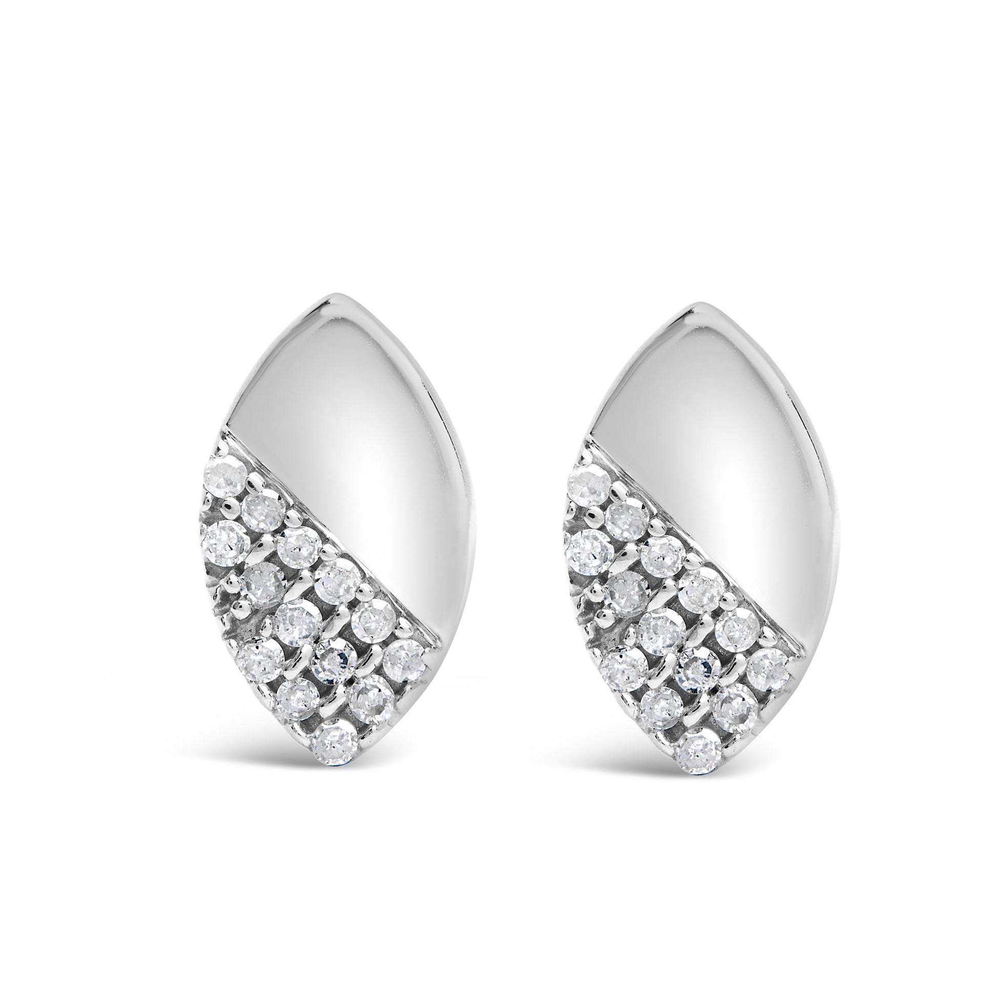Pair of white metal marquise-shaped earrings with one half smooth and the other half set with round white gemstones, front-facing angle.