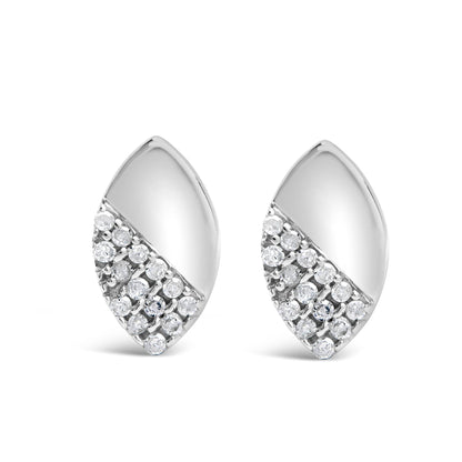 Pair of white metal marquise-shaped earrings with one half smooth and the other half set with round white gemstones, front-facing angle.