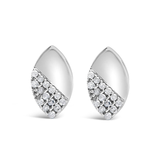 Pair of white metal marquise-shaped earrings with one half smooth and the other half set with round white gemstones, front-facing angle.