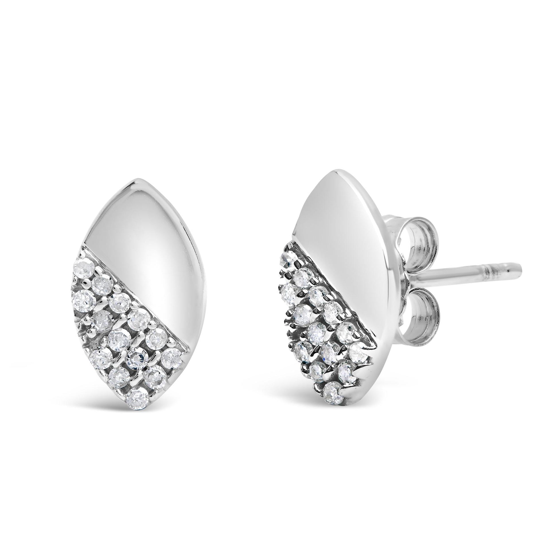 Pair of white metal earrings with a marquise shape, featuring a diagonal section adorned with round white gemstones in prong settings, shown at a slight angle.