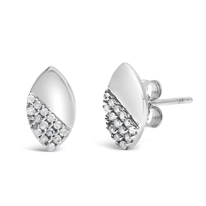 Pair of white metal earrings with a marquise shape, featuring a diagonal section adorned with round white gemstones in prong settings, shown at a slight angle.