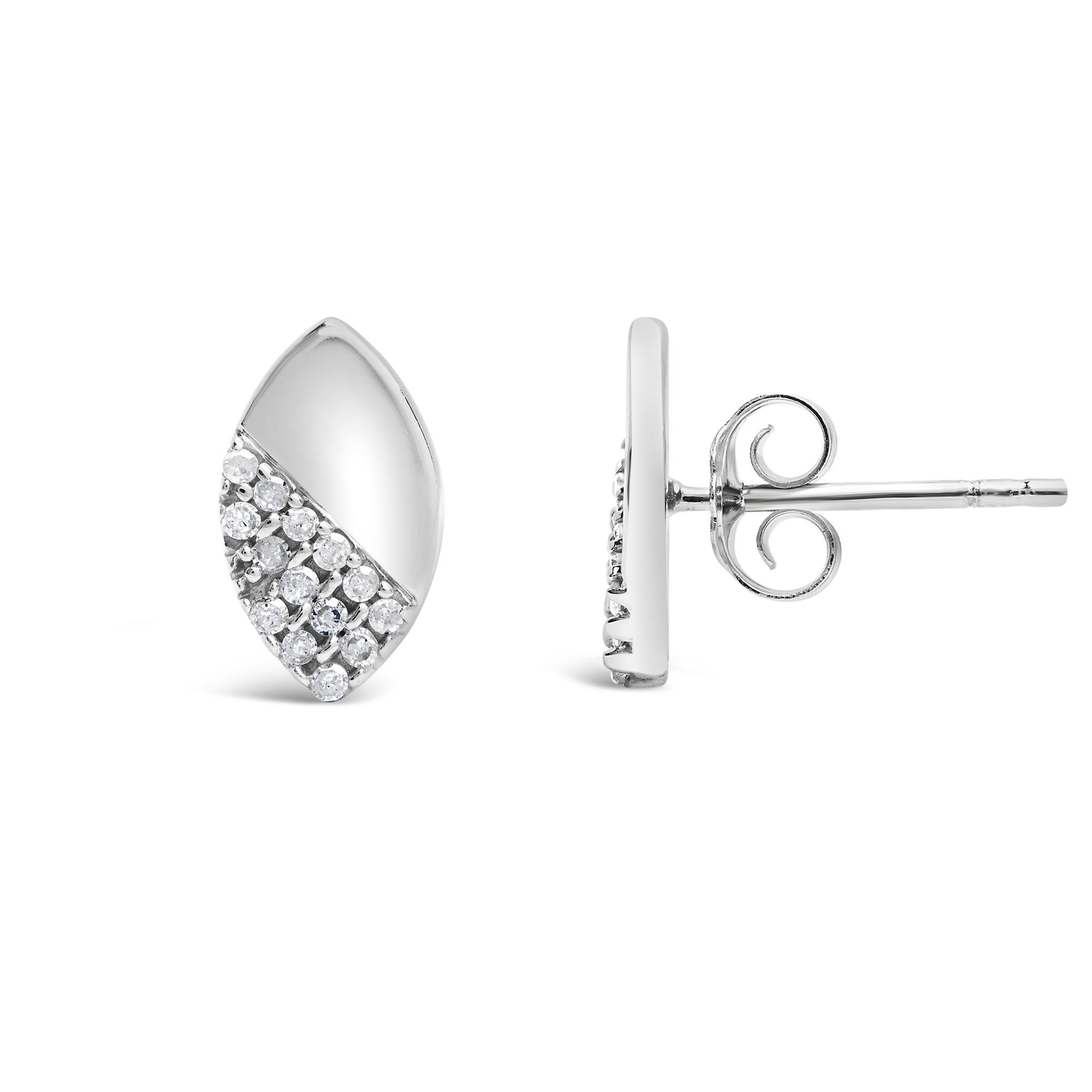 Pair of white metal earrings with a marquise shape, featuring a diagonal section set with round white gemstones in prong settings, shown from front and side angles on a white background.