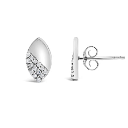 Pair of white metal earrings with a marquise shape, featuring a diagonal section set with round white gemstones in prong settings, shown from front and side angles on a white background.