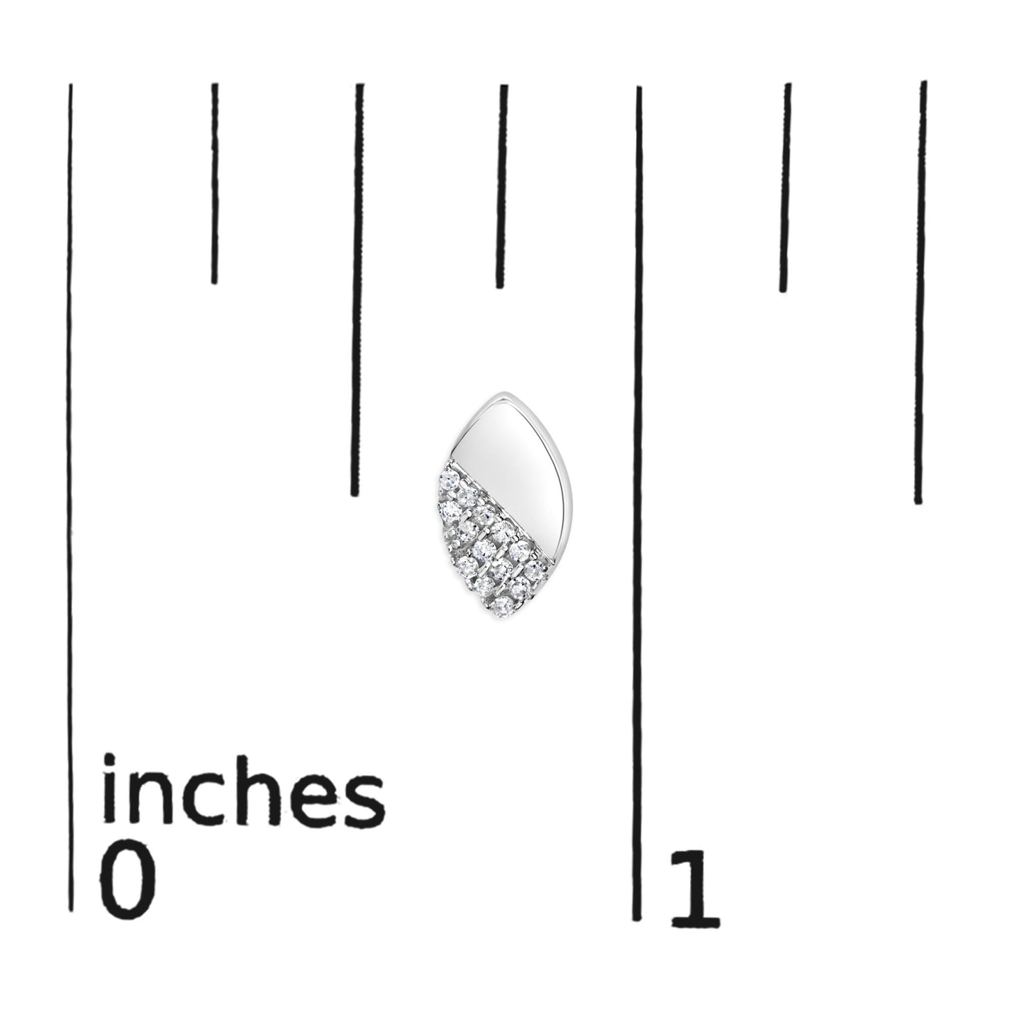 White metal earring with one half smooth and the other half covered in round prong-set white gemstones, shown on a ruler for size reference, front angled view.