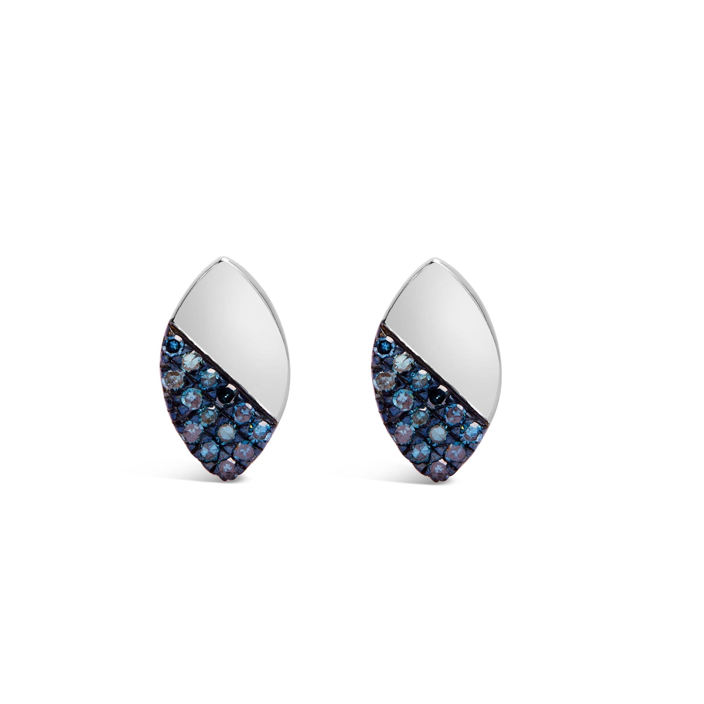 Pair of white metal earrings with a leaf-like shape, each featuring a diagonal section adorned with round blue gemstones in prong settings, shown in a front-facing angle.