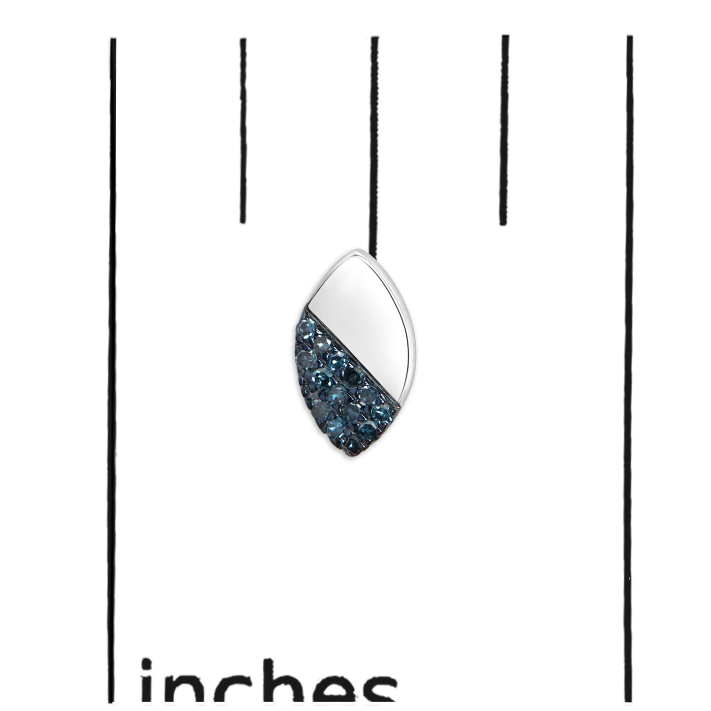 Close-up front angle of a white metal earring with a half surface covered in round blue gemstones in prong settings, shown on a ruler for size reference.