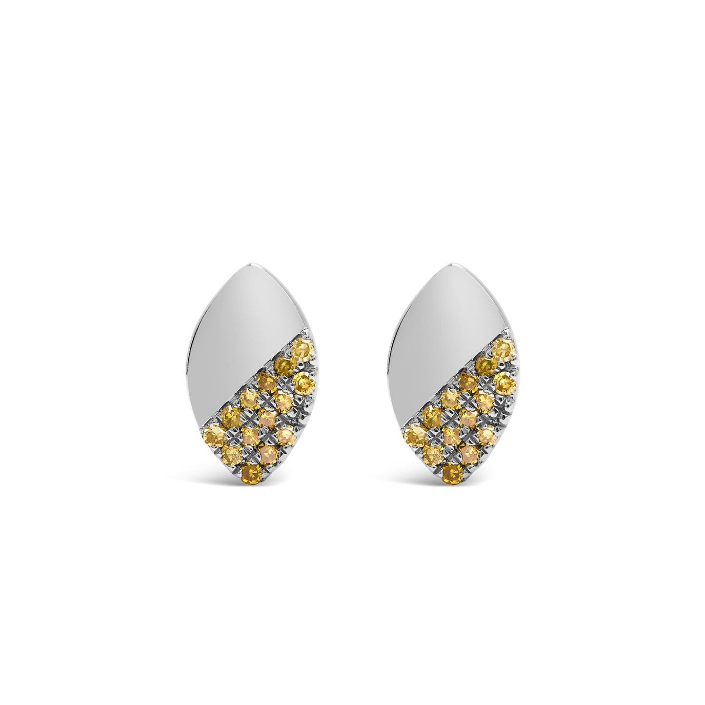 Pair of white metal earrings with a leaf shape, shown from the front on a white background, featuring a diagonal cluster of yellow round gemstones in prong settings.