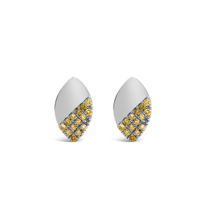 Pair of white metal earrings with a leaf shape, shown from the front on a white background, featuring a diagonal cluster of yellow round gemstones in prong settings.