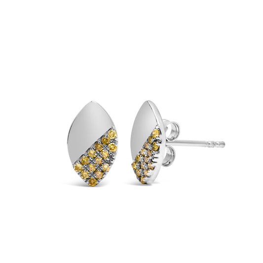 Pair of white metal earrings with a marquise shape, featuring a diagonal section adorned with multiple yellow round gemstones in prong settings, shown from a front and side angle.