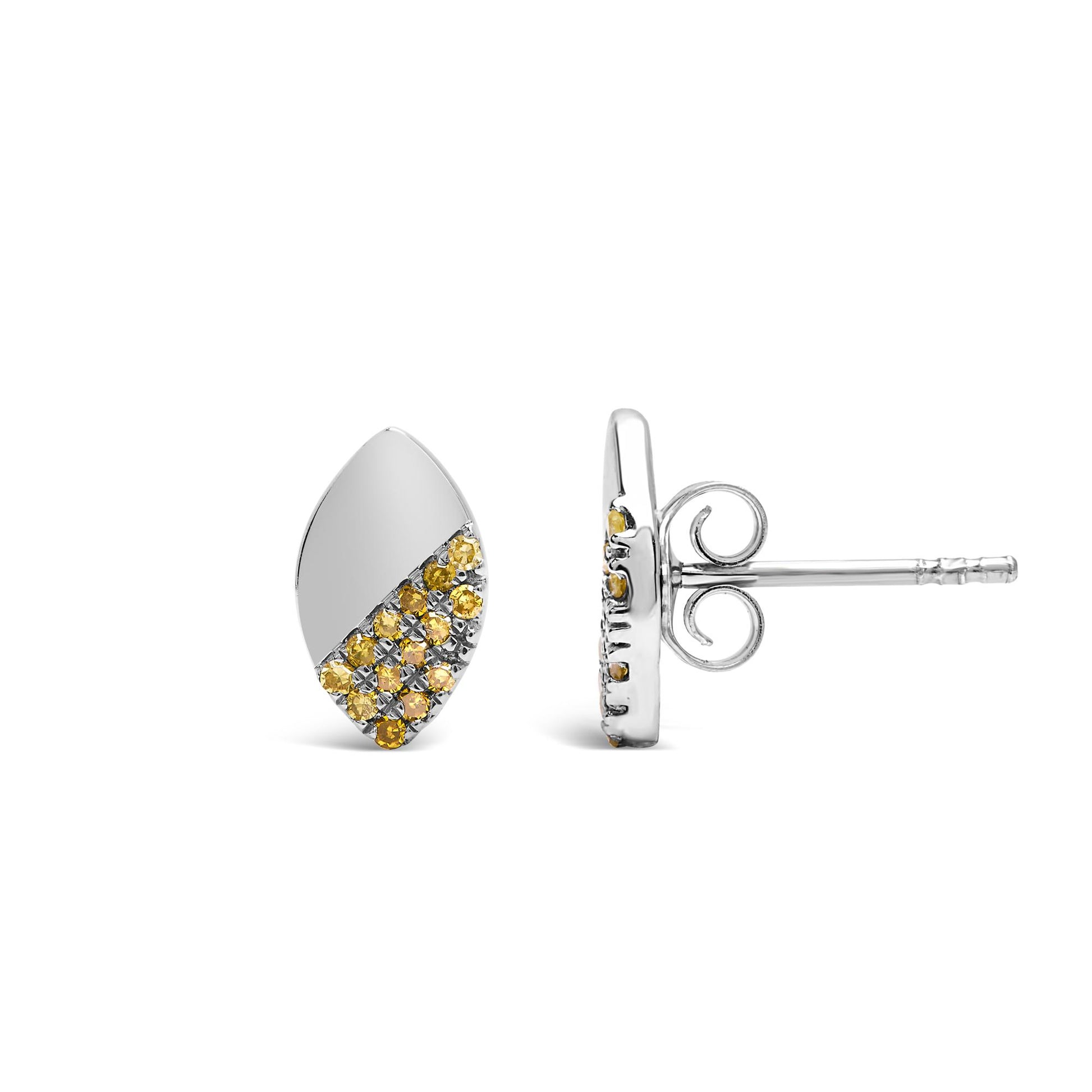Pair of white metal earrings with a curved, pointed shape, partially studded with small round yellow gemstones in prong settings, shown from front and side angles.