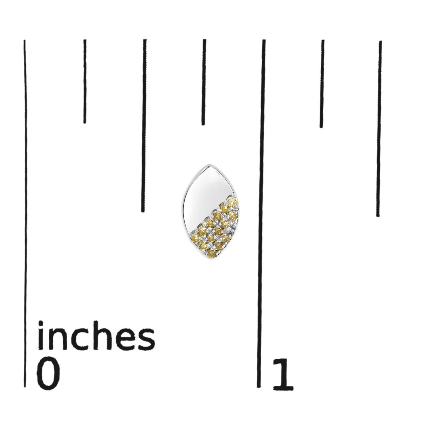 Close-up front view of a white metal earring with round yellow and white gemstones in prong setting, placed on a ruler for size reference.